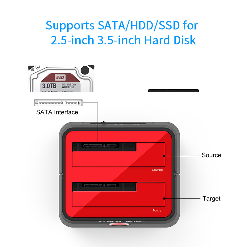 ST334U(Red) USB 3.0 to SATA Dual Bay External Hard Drive Docking Station for 2.5/3.5 Inch SSD HDD 3